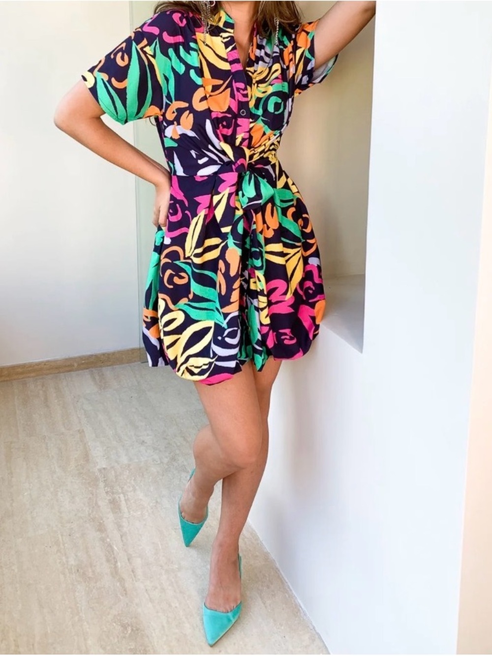 Pastels Clothing Multicolor Tie-Waist Short Sleeve Mini Dress